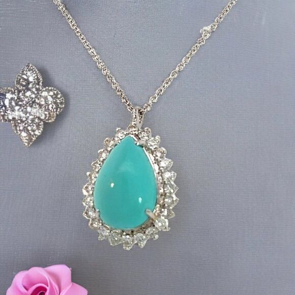Persian Turquoise Diamond Pendant With Chain 17" 14k WG 9.9 TCW Certified 307918 - Picture 7 of 17